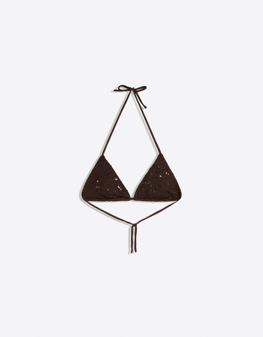 Sequinned triangle bikini top-Brown
