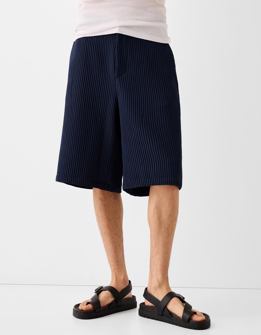 Calções bermuda wide fit plissados-Marinho-1