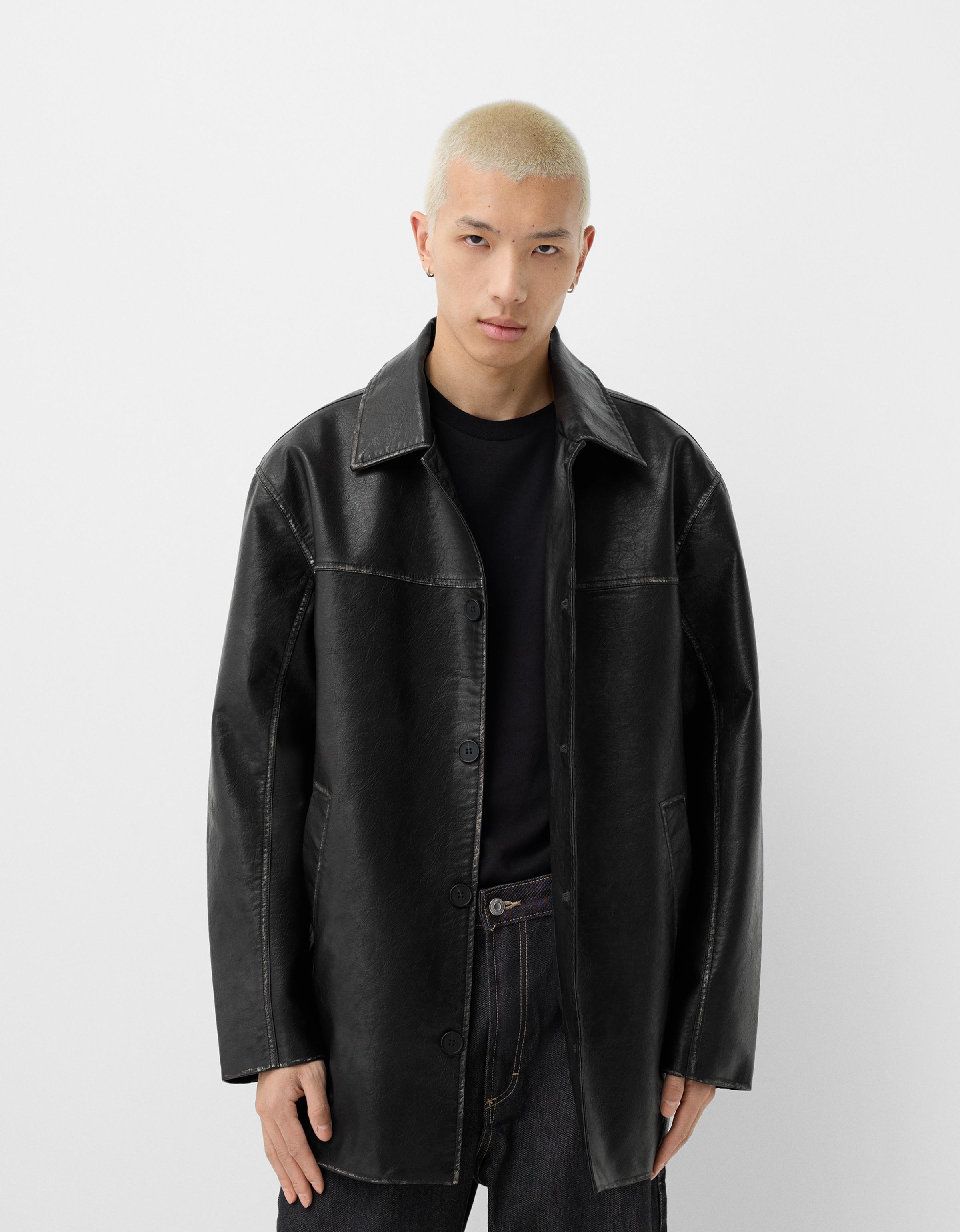 Cropped faux leather coat Men Bershka