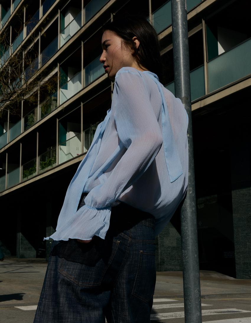 Long sleeve crossover scarf blouse-Light blue