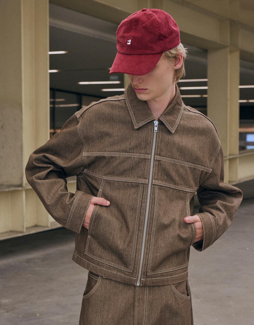 Denim shirt with zip-Brown