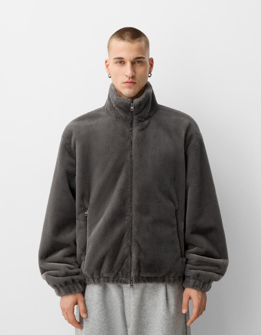 Faux fur zip-up high neck jacket-Dark grey-0