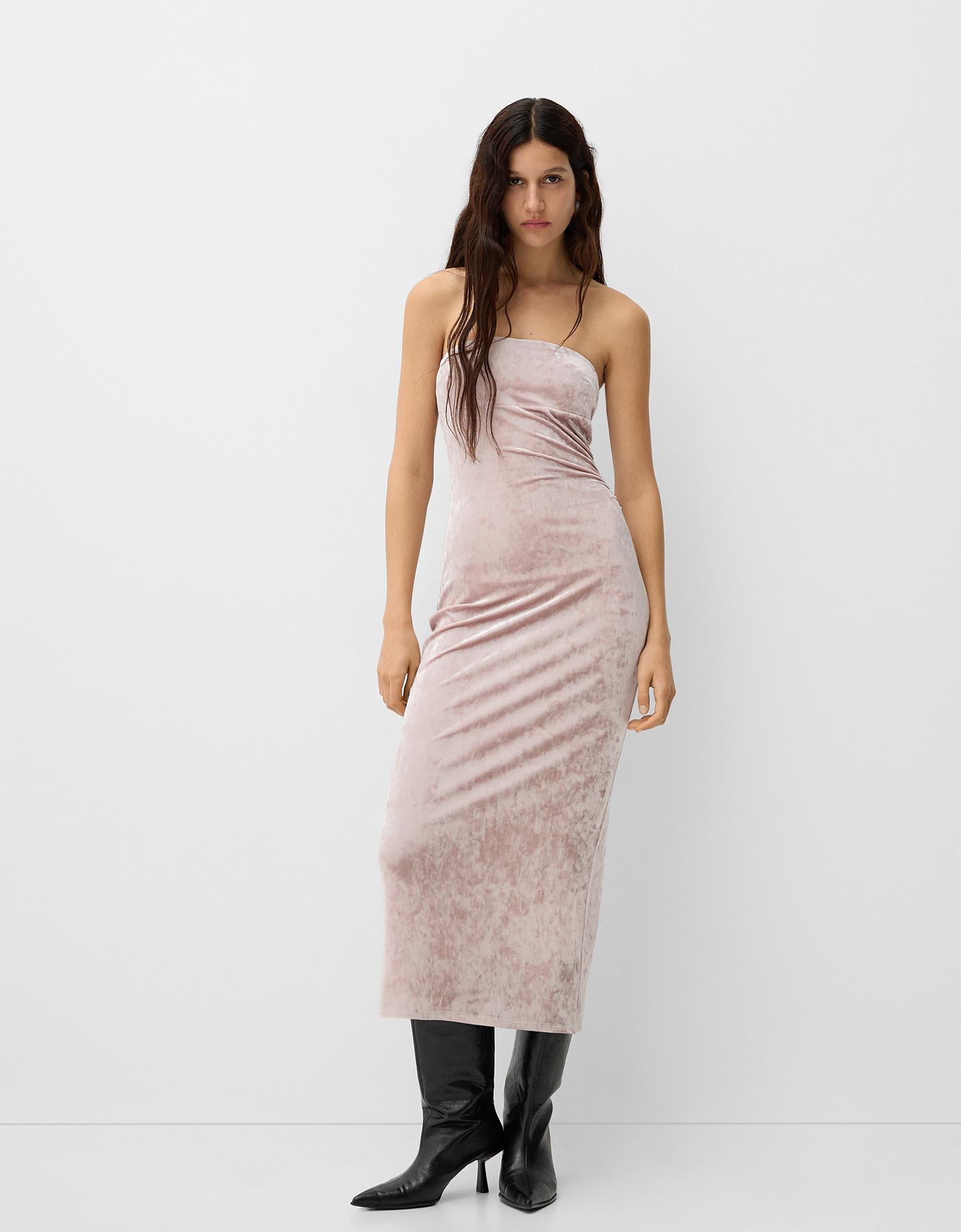 Bershka Robe Midi Bandeau Velours Femme S Rose