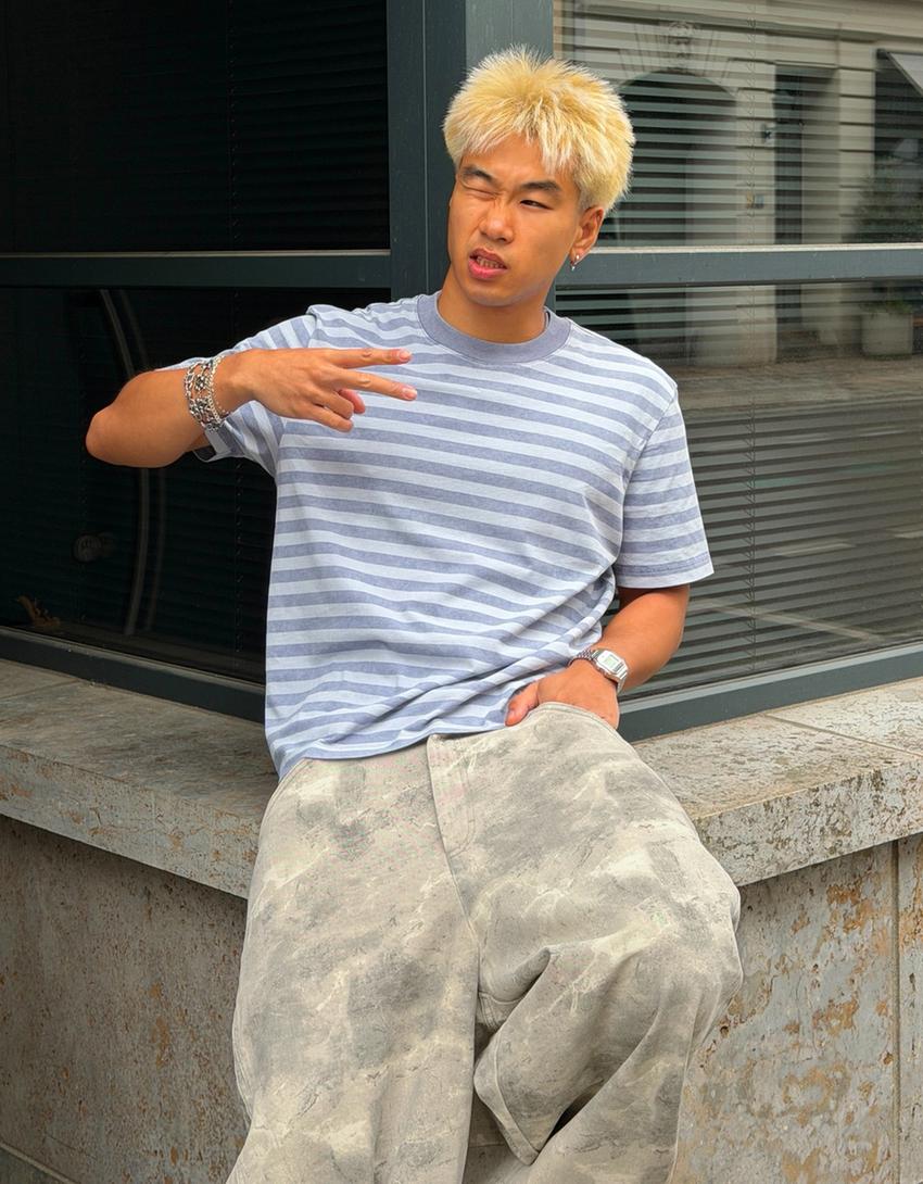 Washed striped short sleeve T-shirt-Blue