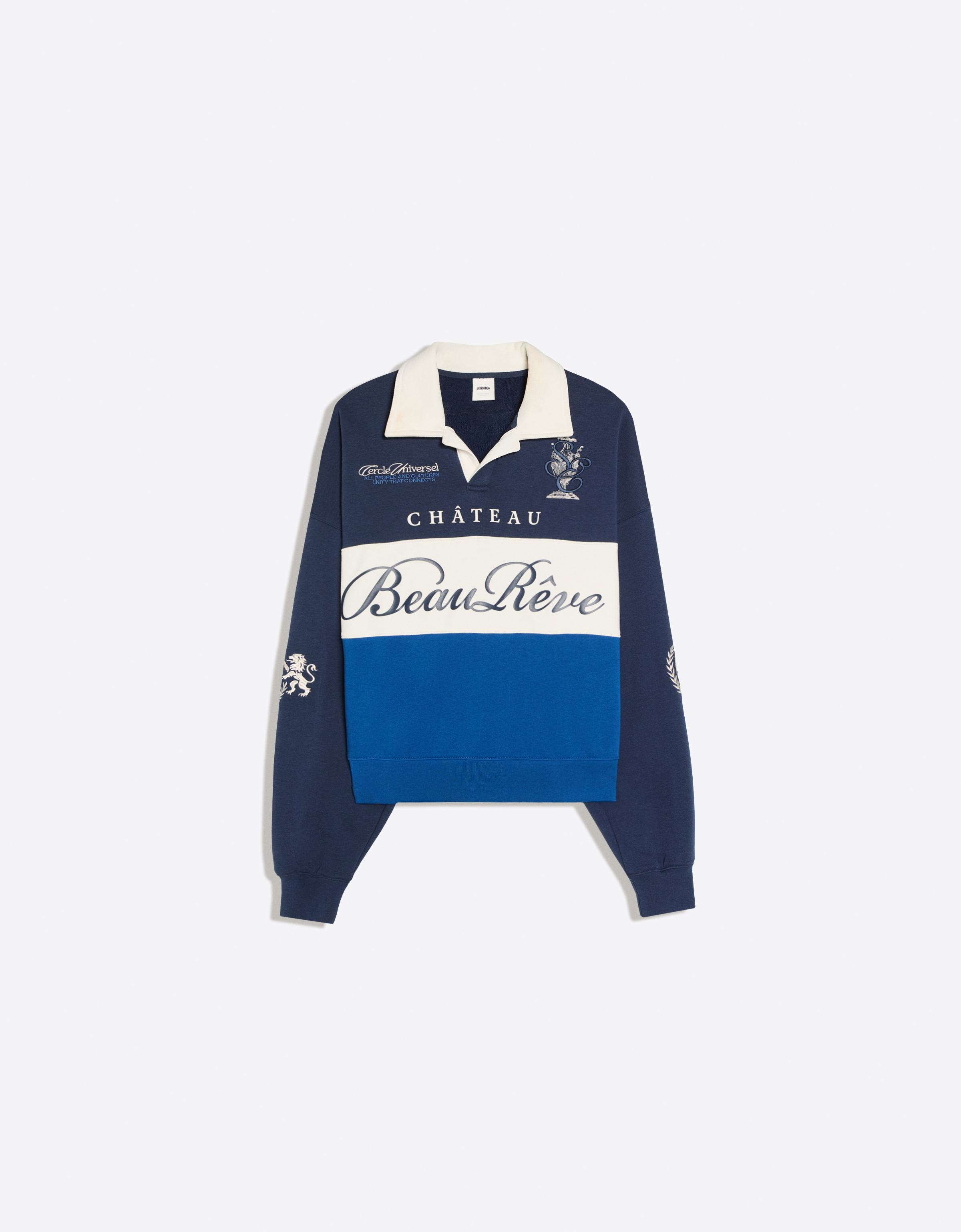 Contrast collar print polo shirt — Blue