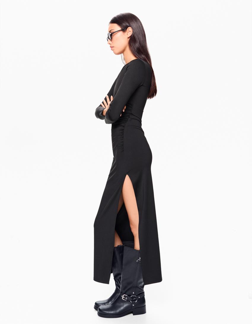 Asymmetric long sleeve midi dress-Black
