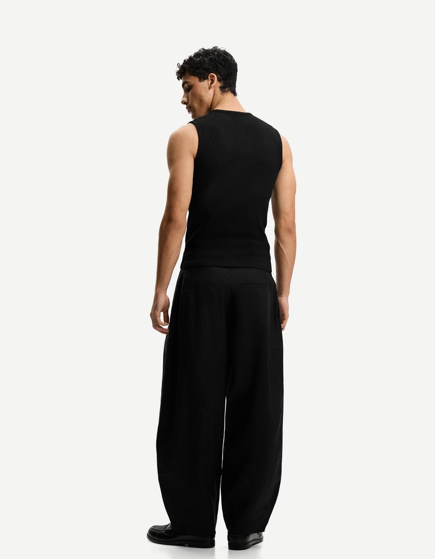 Pantalón balloon tailoring pinzas lino-Negro-1
