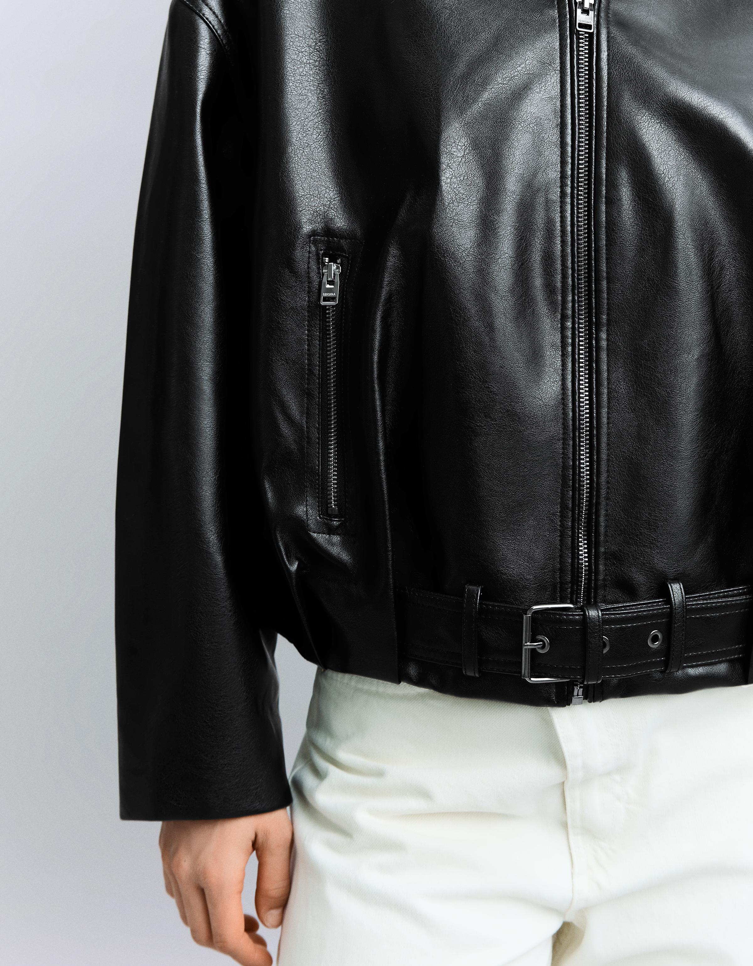 Leather effect bomber jacket with belt — Black
