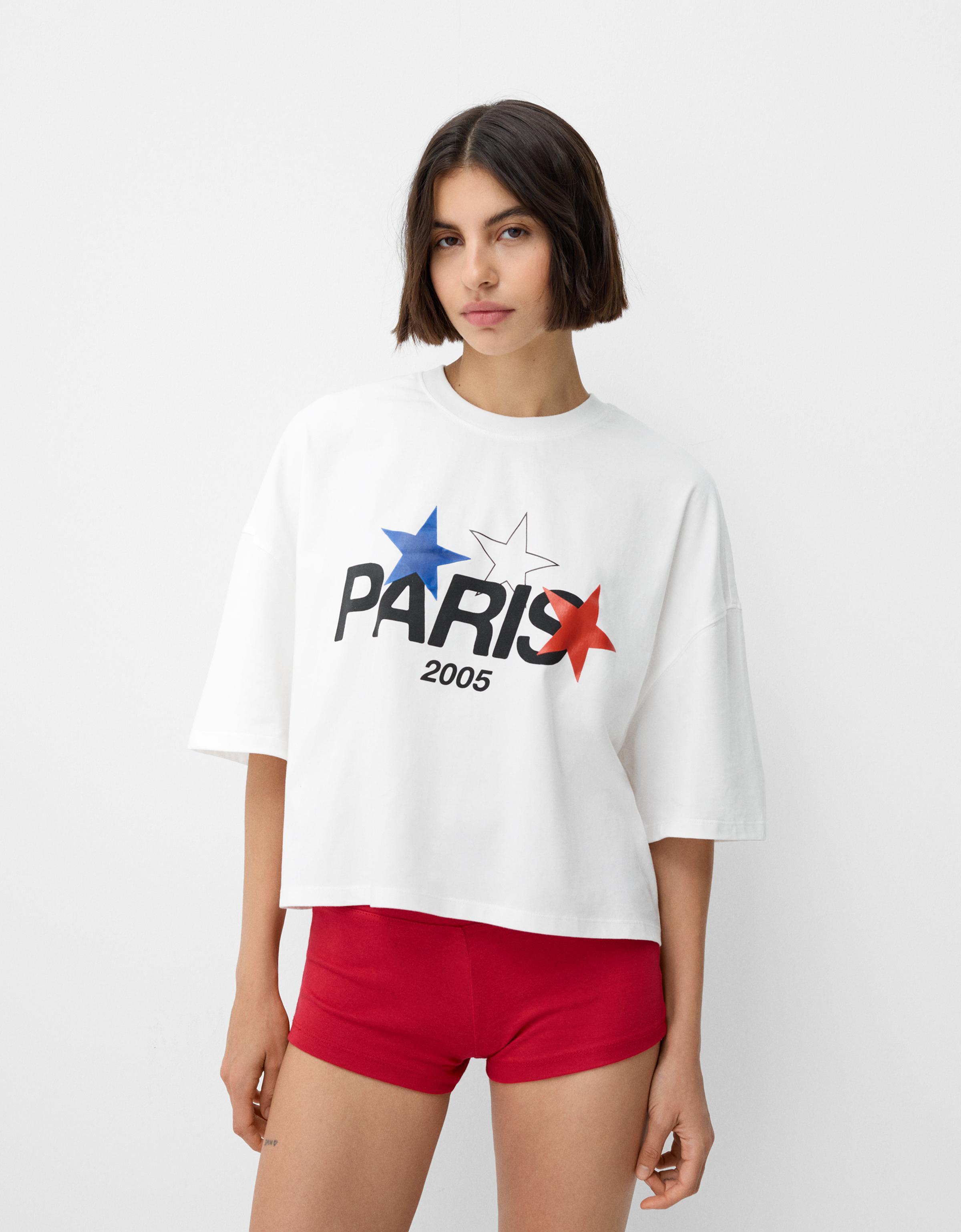 Bershka Cropped-T-Shirt Paris Mit Kurzen Ärmeln Damen L Weiss