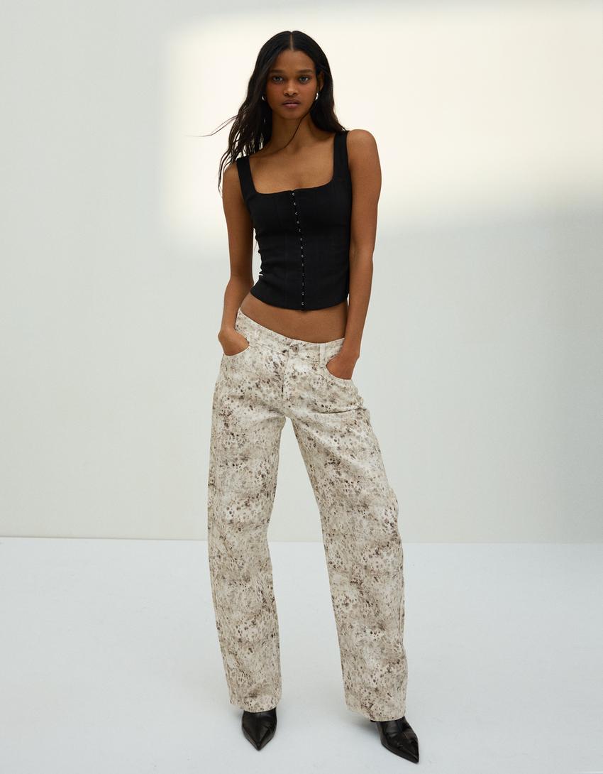 Düşük bel dokulu ve desenli baggy fit jean-Krem