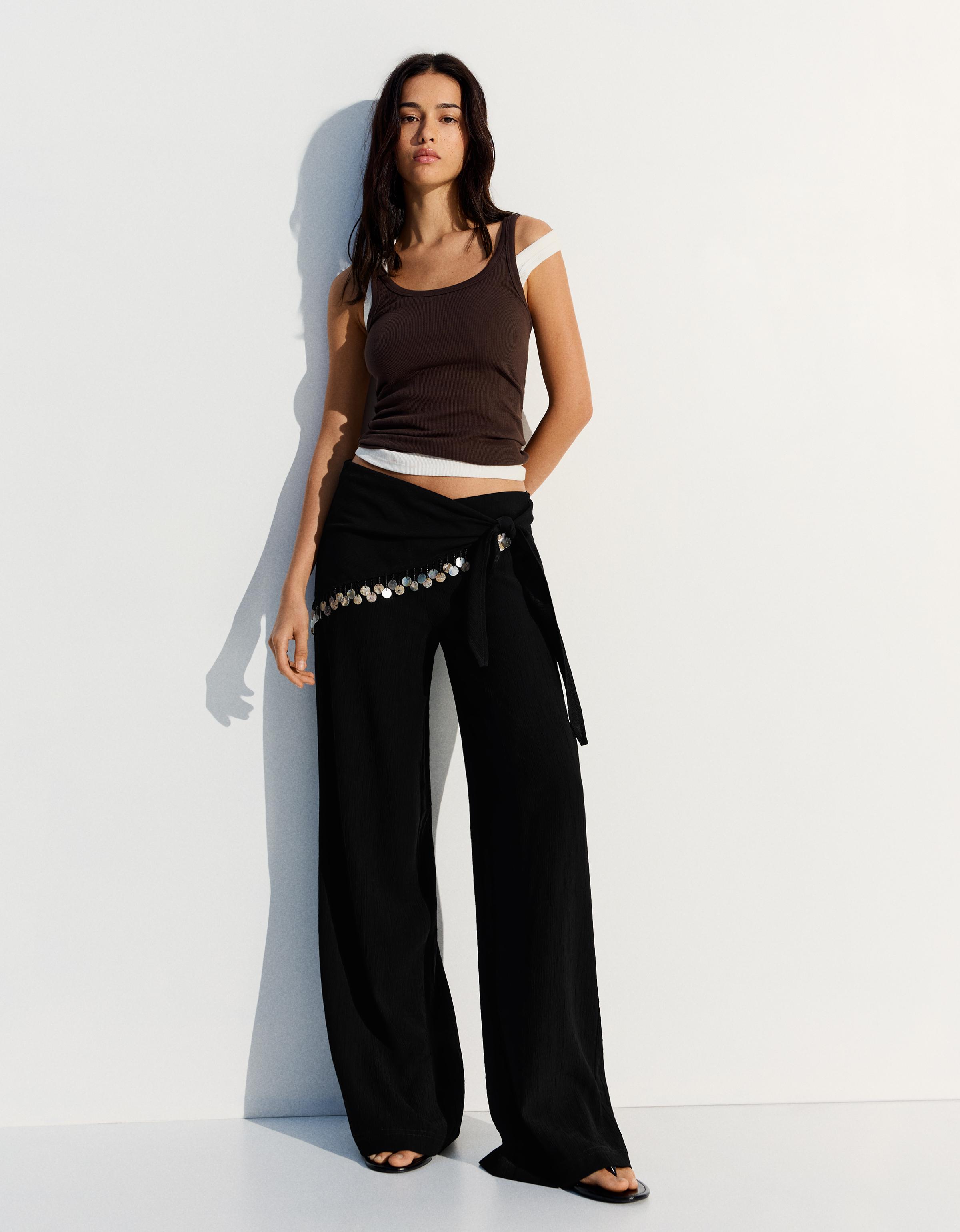 Bershka Pantalón Bambula Pañuelo Mujer Negro