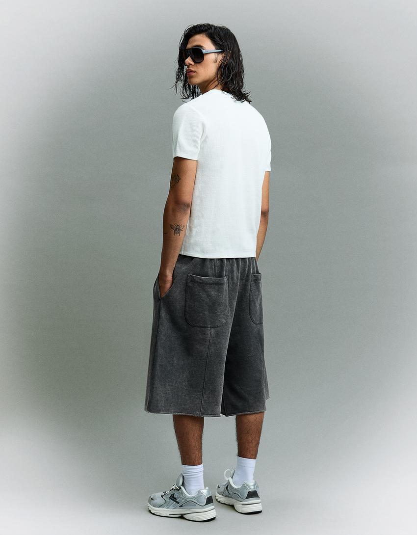 Jogger fit şardonlu bermuda-Gri