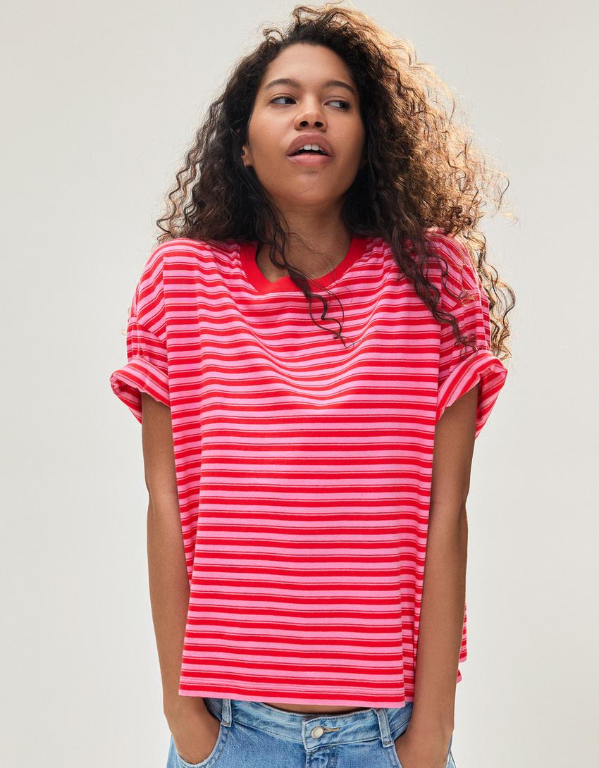 Boxy-Shirt mit Streifen-Rosa