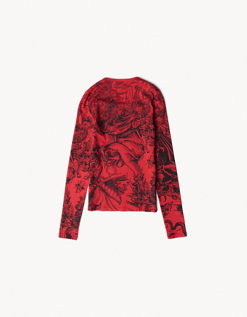 Uzun kollu fitted ARIES X BERSHKA tişört-Kırmızı