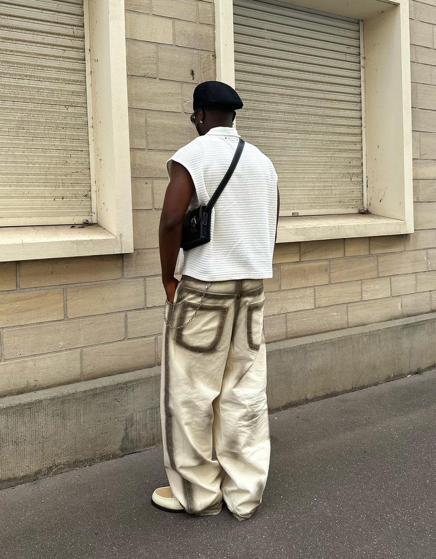 Desenli super baggy fit pantolon-Bej-1