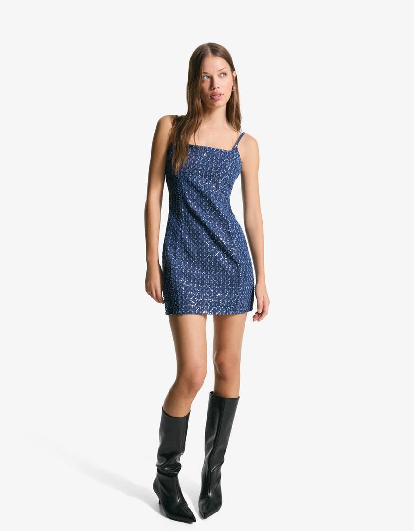 Vestido mini denim lentejuelas-Azul