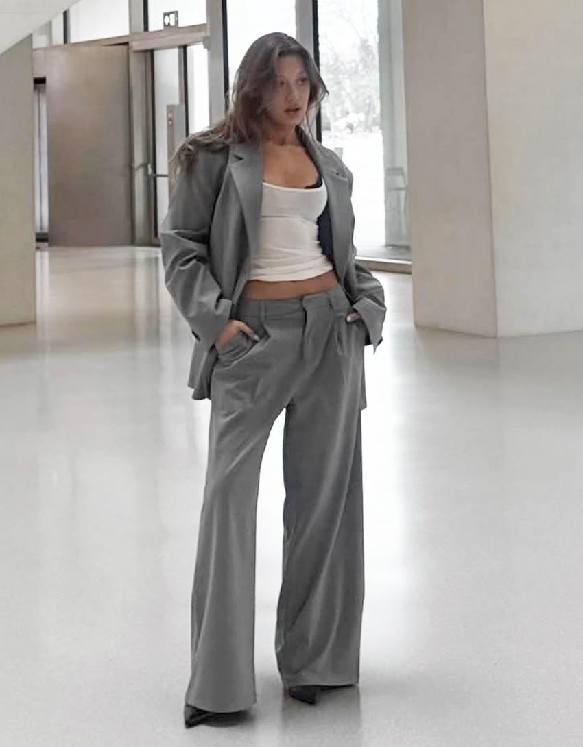 Pantalons volum doble tela-Gris
