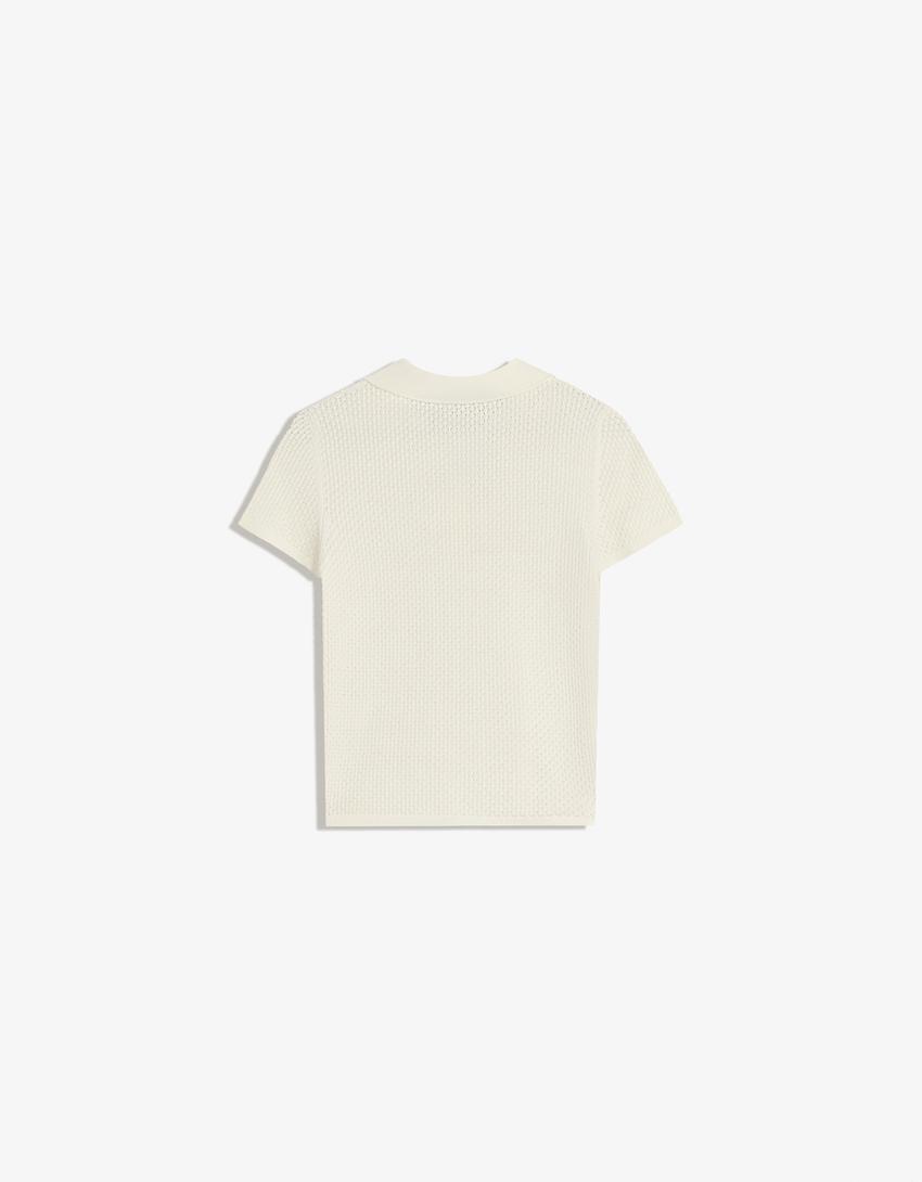 Strukturvævet sweater med polokrave og korte ærmer-Hvid-4