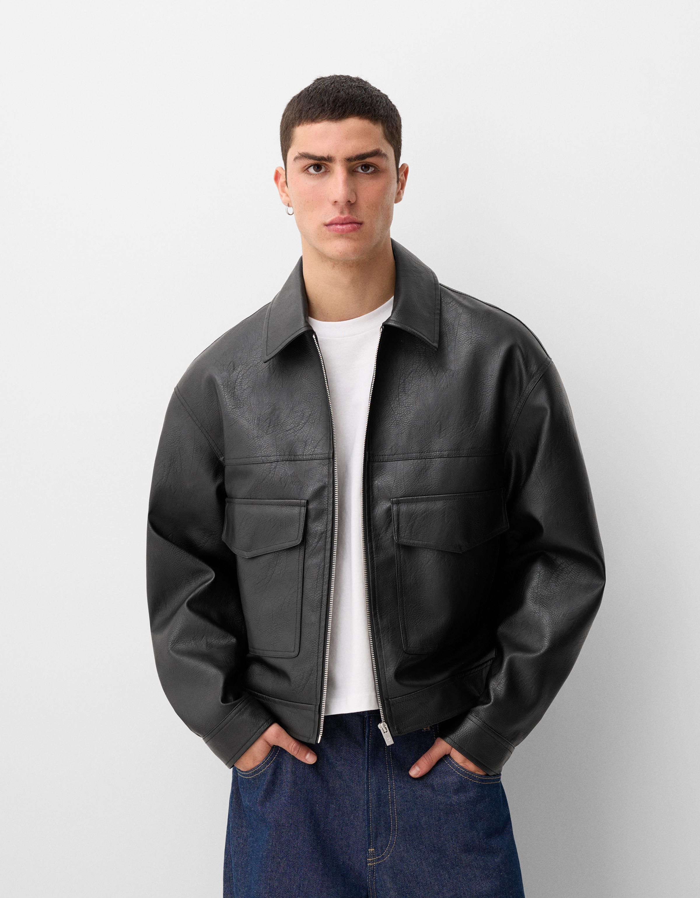 Bershka Kunstlederjacke Herren L Schwarz