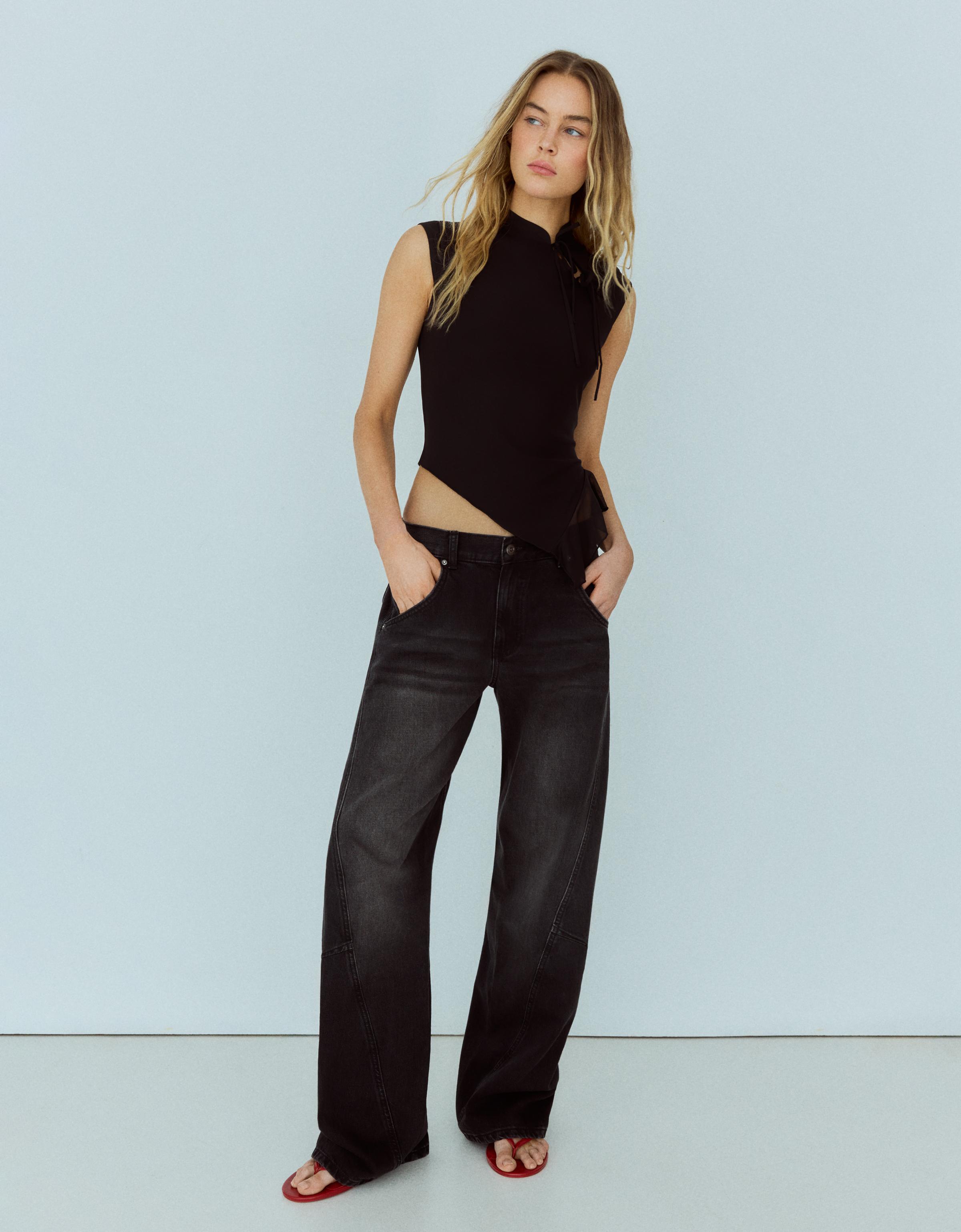 Bershka Jeans Barrel Tiro Bajo Mujer 32 Negro