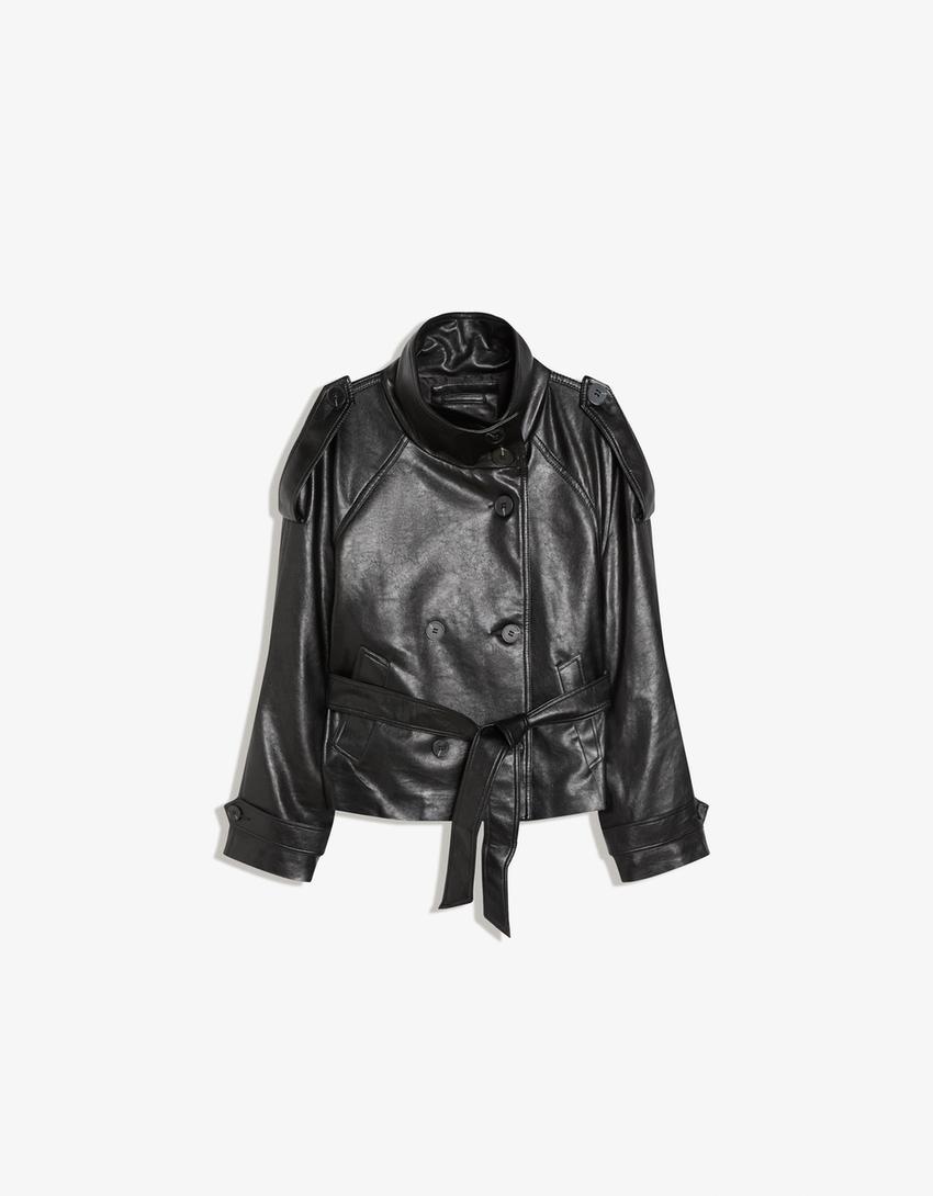 Rövid műbőr ballonkabát-Fekete