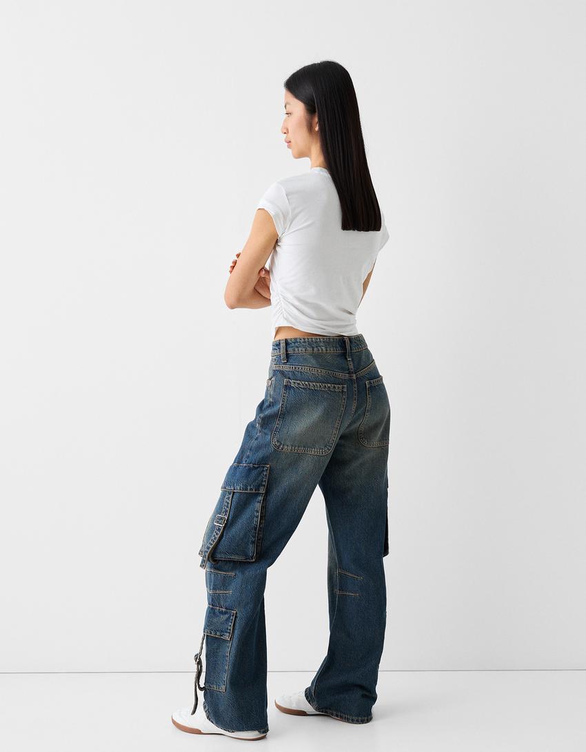 Cargo baggy jeans with straps-Blue-1