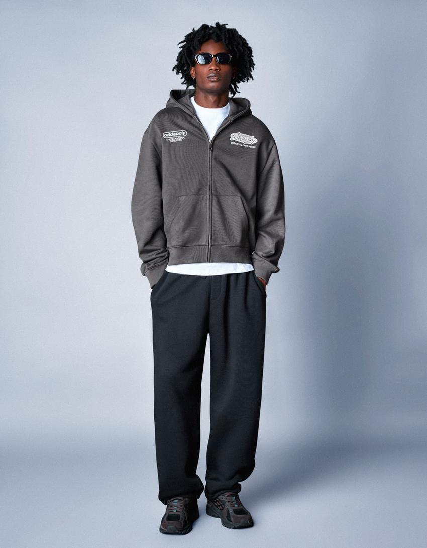 Sweat zippé à capuche imprimé-Gris