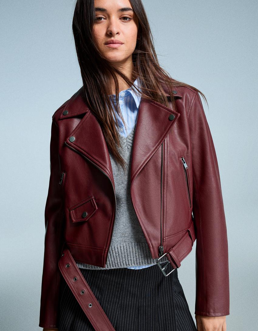 Cazadora biker efecto piel-Burdeos