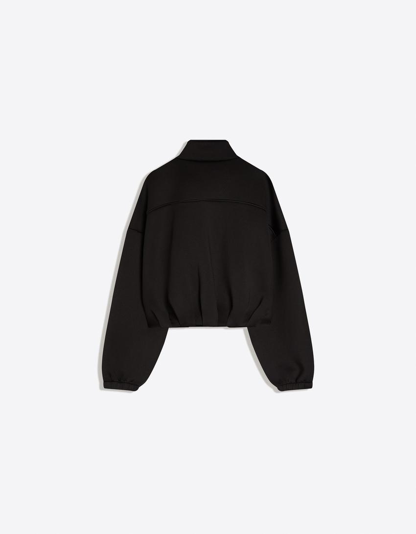 Neoprene effect balloon zip-up sweatshirt-Black