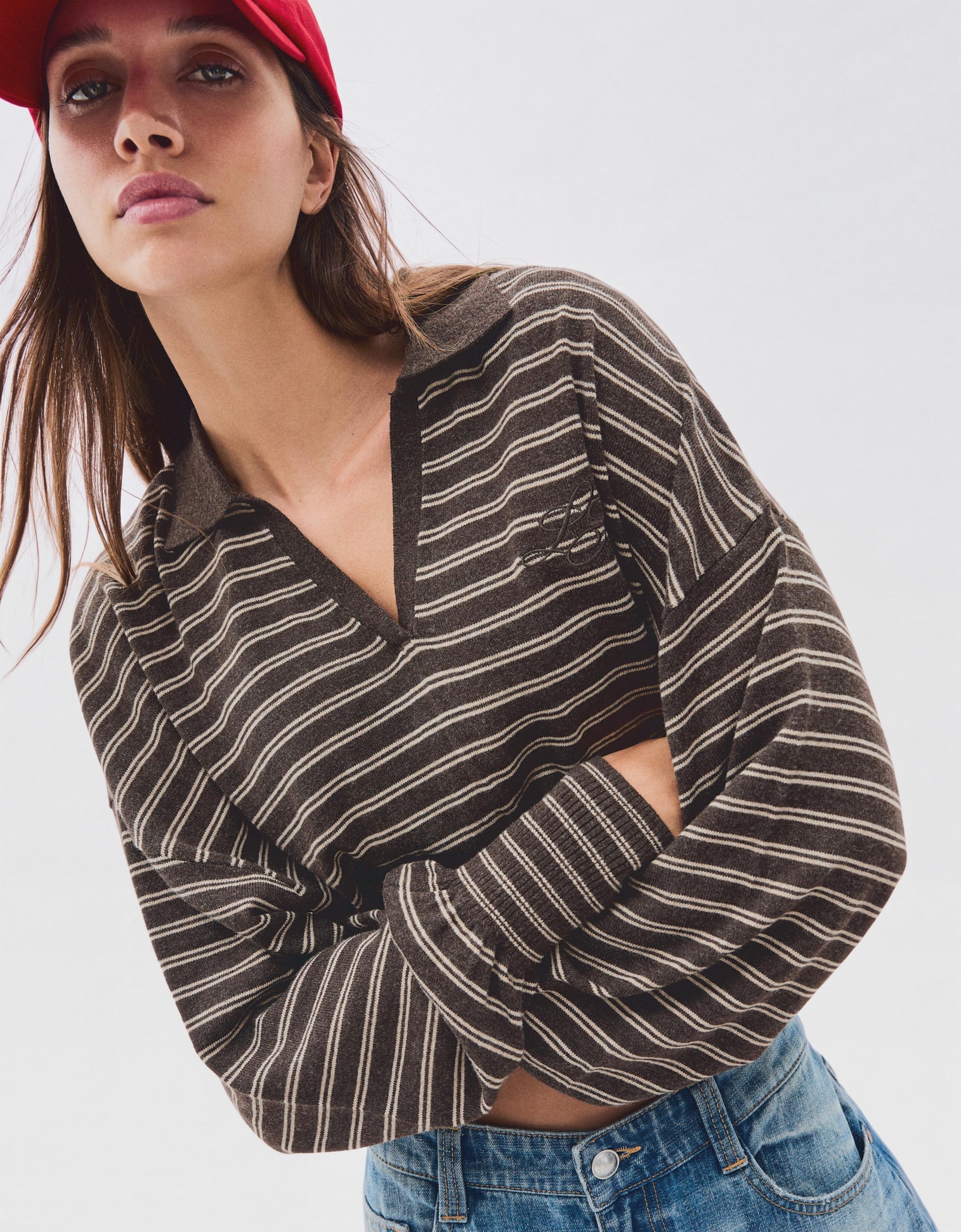 Ribbed polo collar jumper — Brown