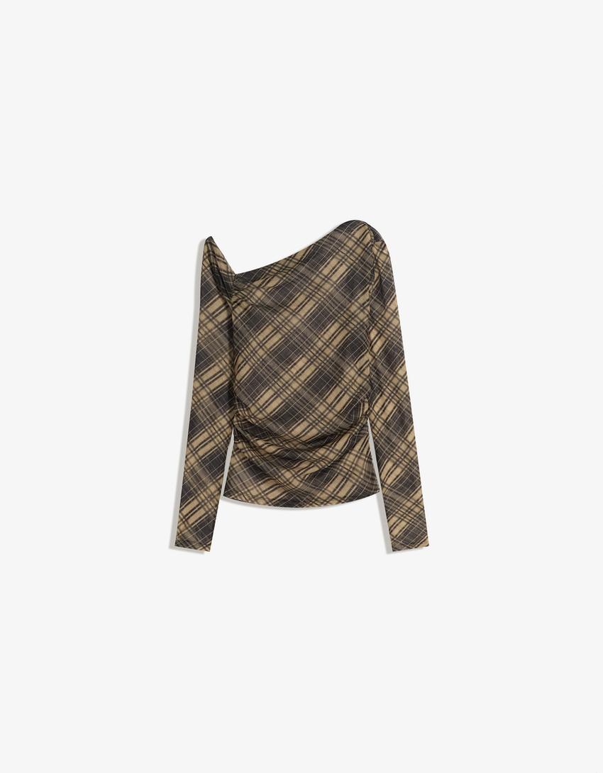 Long sleeve check tulle T-shirt-Black