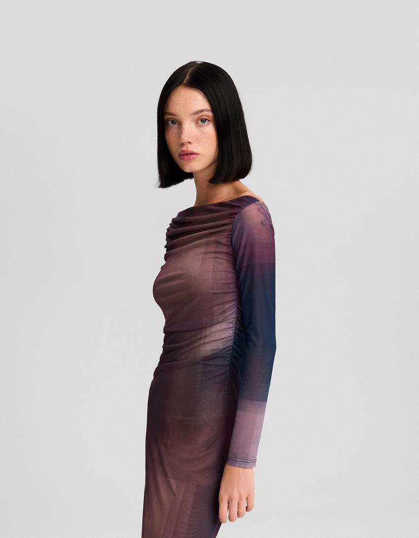 Long tulle dress with long sleeves and a print-Violet