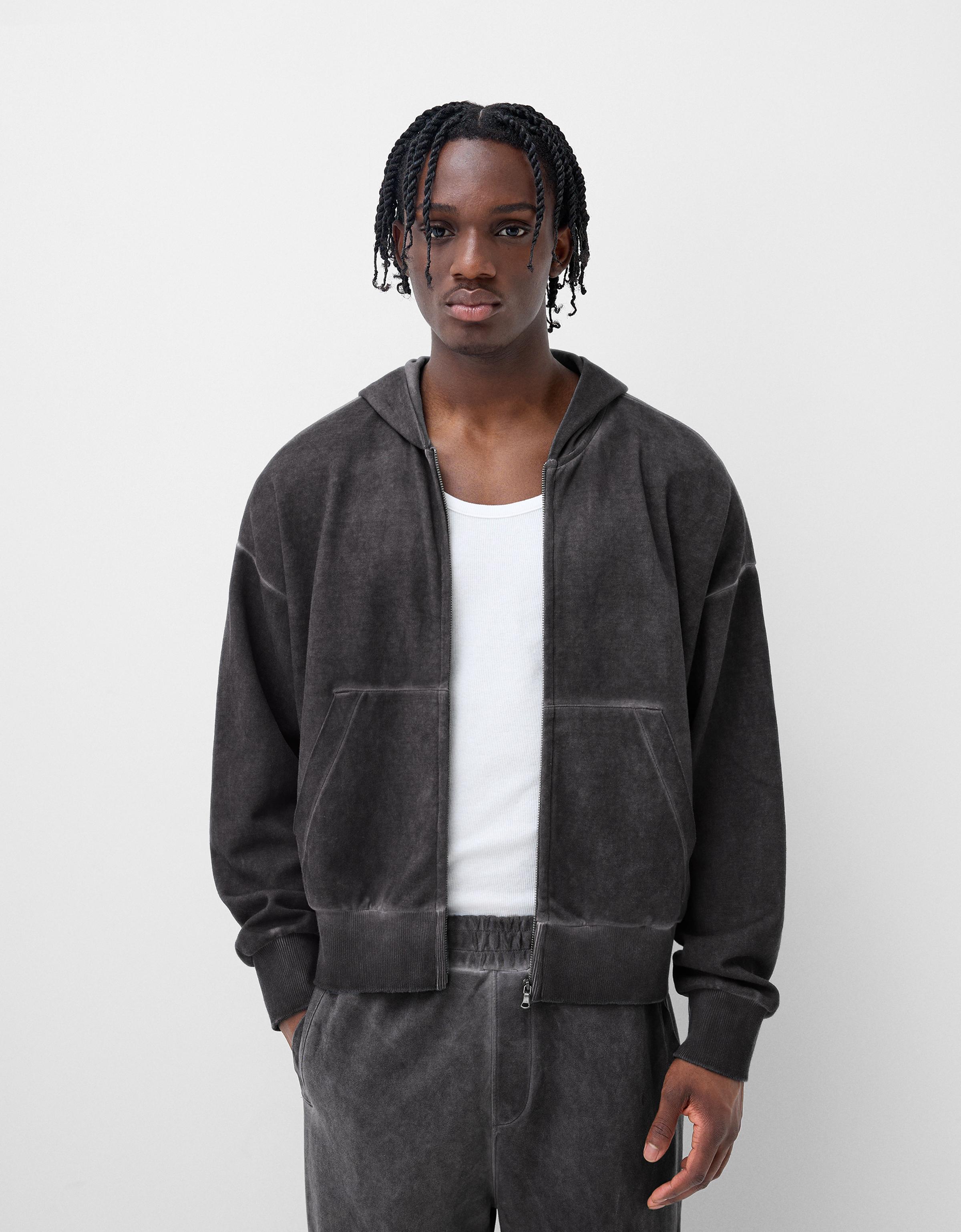 Bershka Hoodie Im Washed-Look Mit Reißverschluss Herren Xl Grau