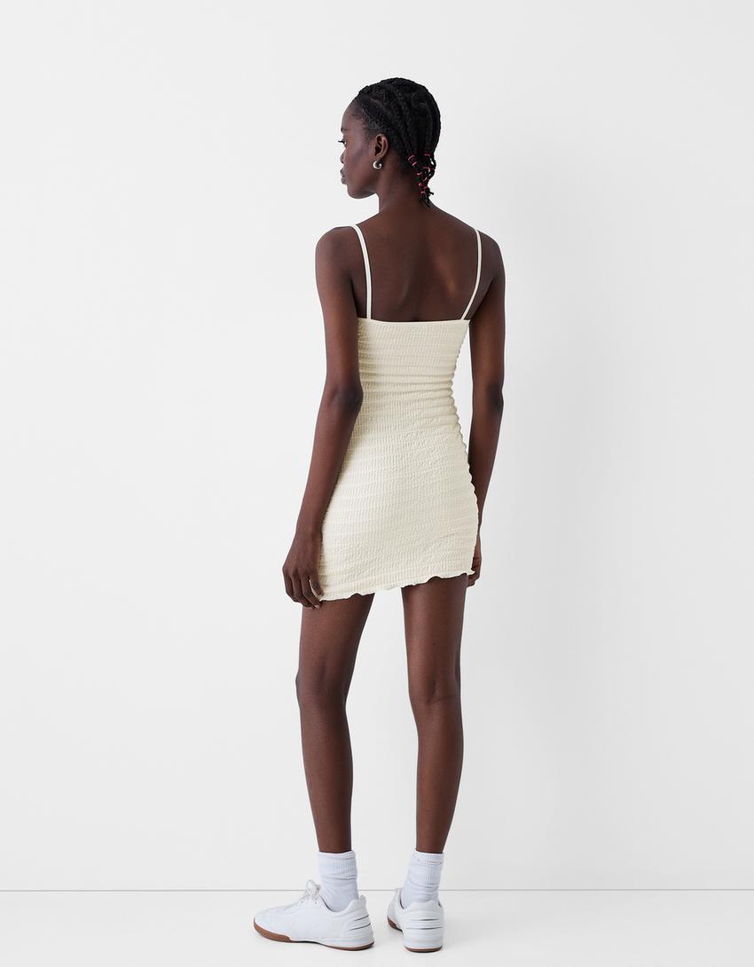 Vestido mini rústico alças pormenor laço-Cru-1