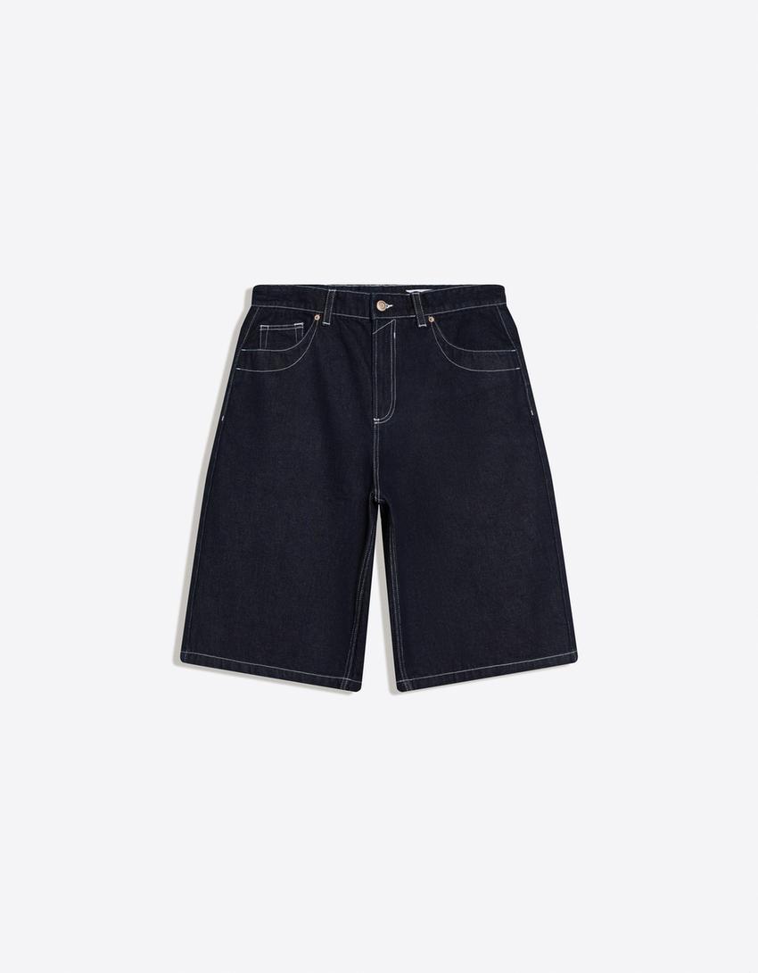 Contrast denim skater Bermuda shorts-Navy