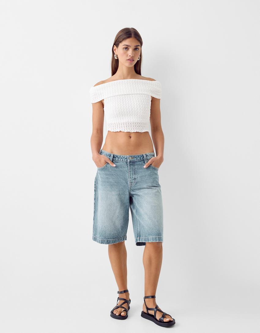 Short sleeve Swiss embroidery Bardot T-shirt-Off white