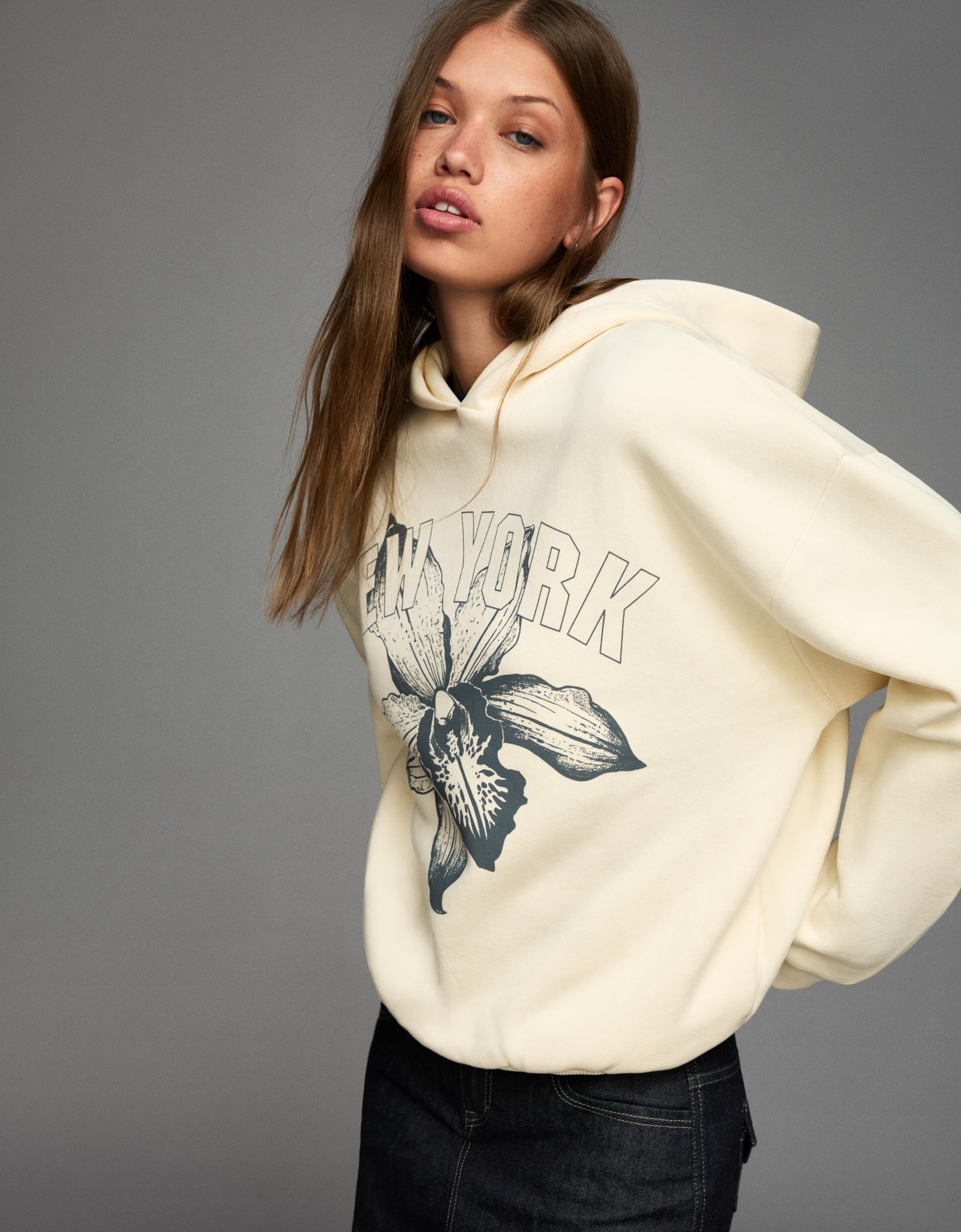Bershka Langarmpullover Mit Print Damen M Rohweiß