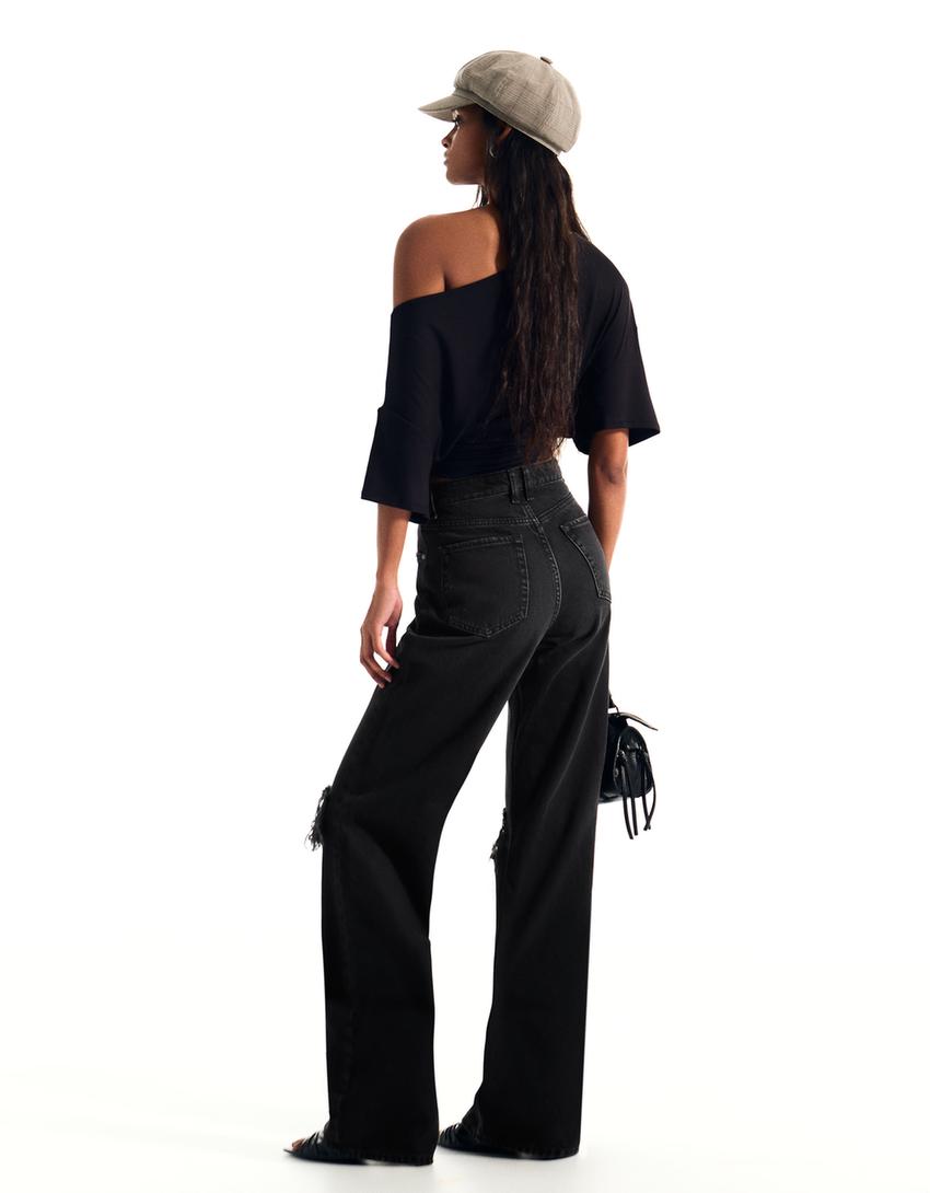 Jeans gamba larga vita alta strappati-Nero