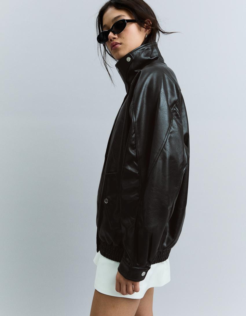 Veste oversize en similicuir-Noir