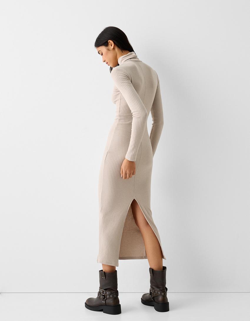 Ribbed knit high neck dress with long sleeves-Sand