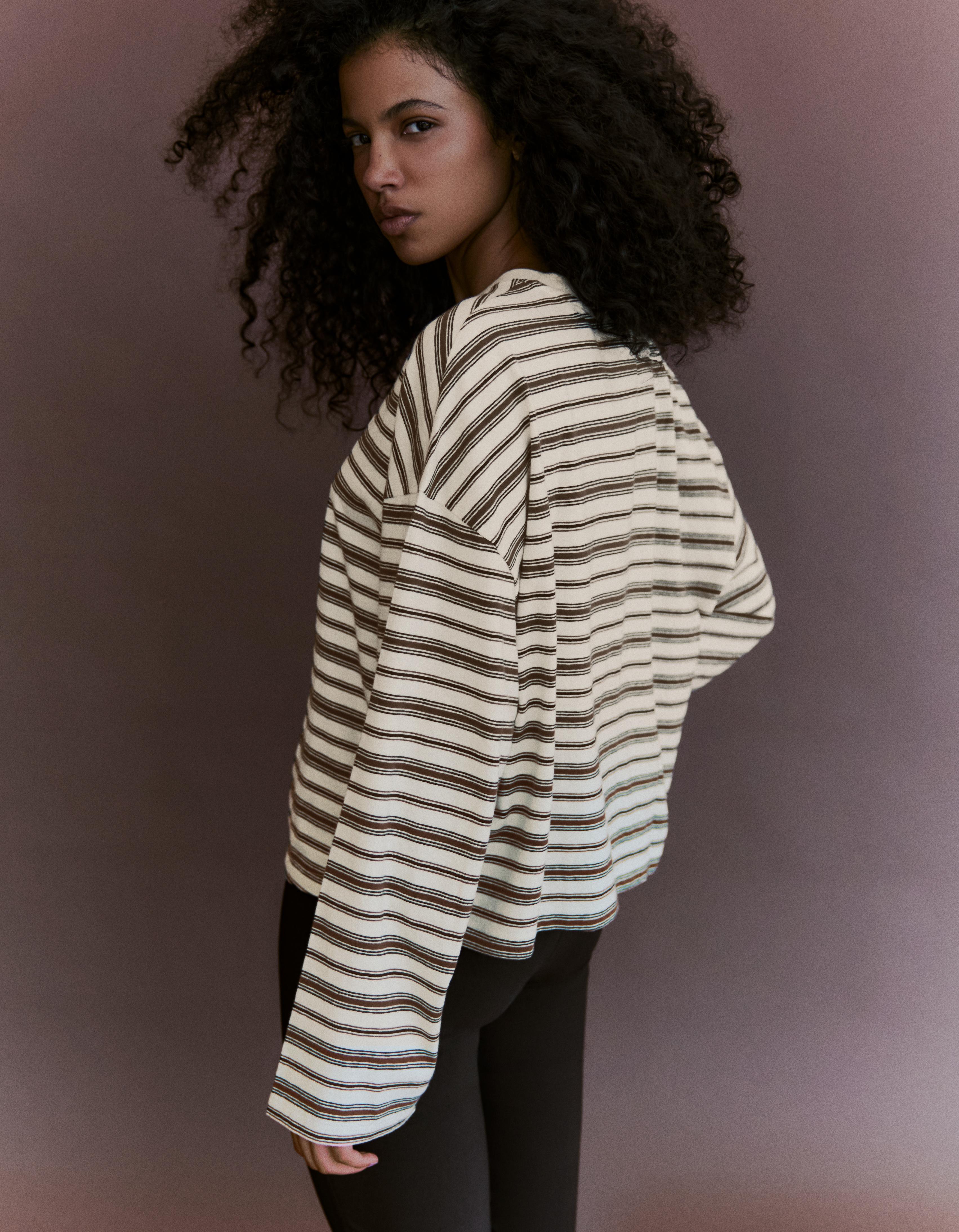 Striped boxy long sleeve T-shirt — Cream
