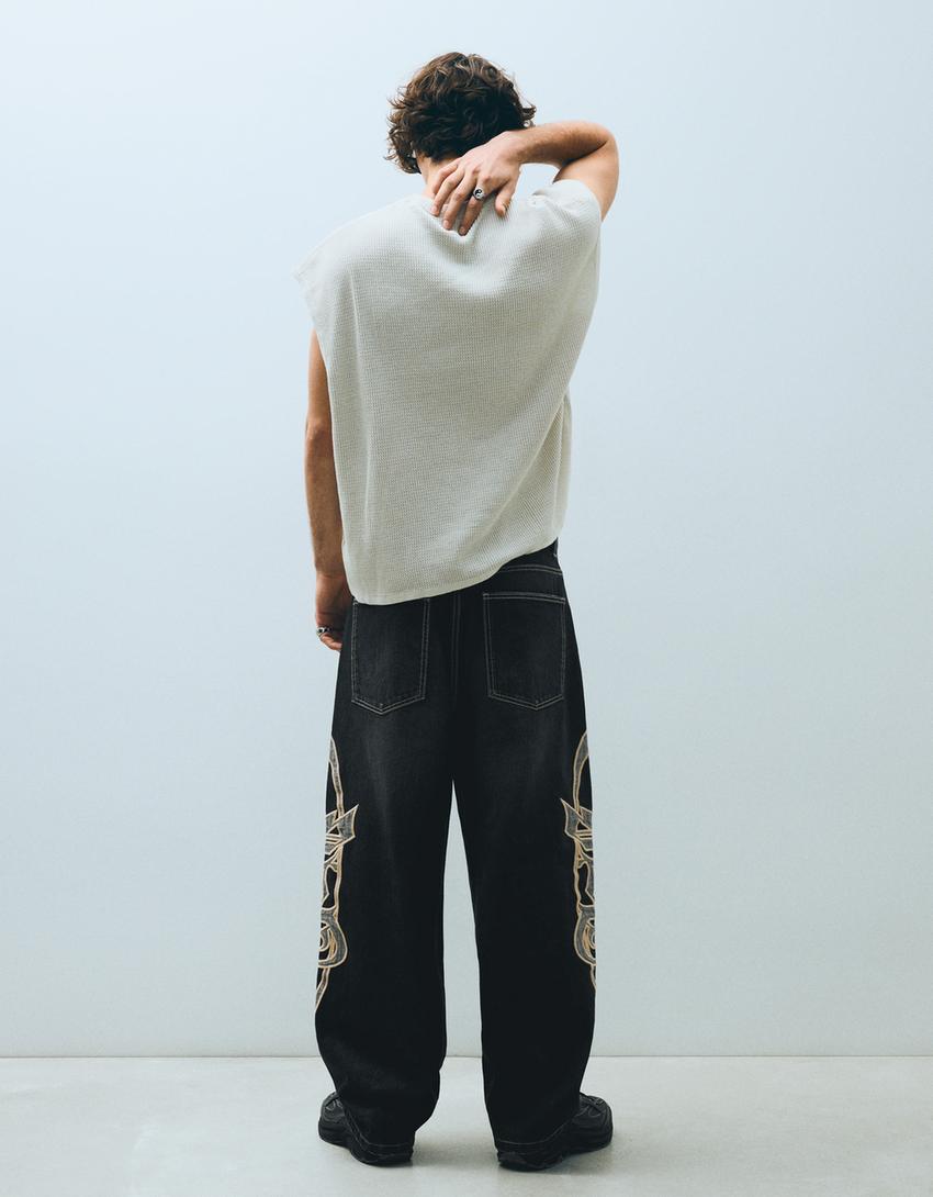Super Baggy Jeans mit seitlichen Patches-Schwarz