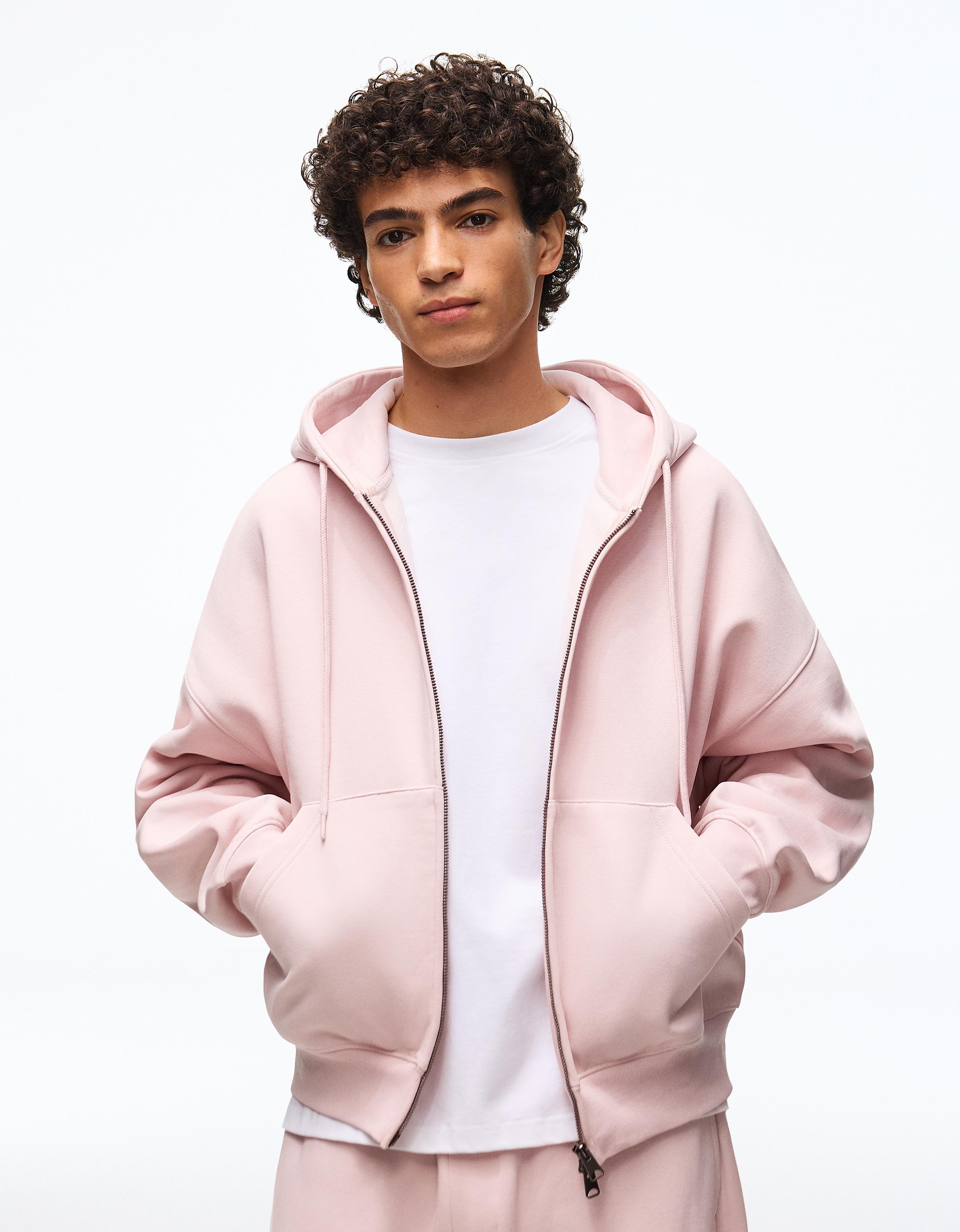 Bershka Sudadera Capucha Cremallera Hombre Rosa