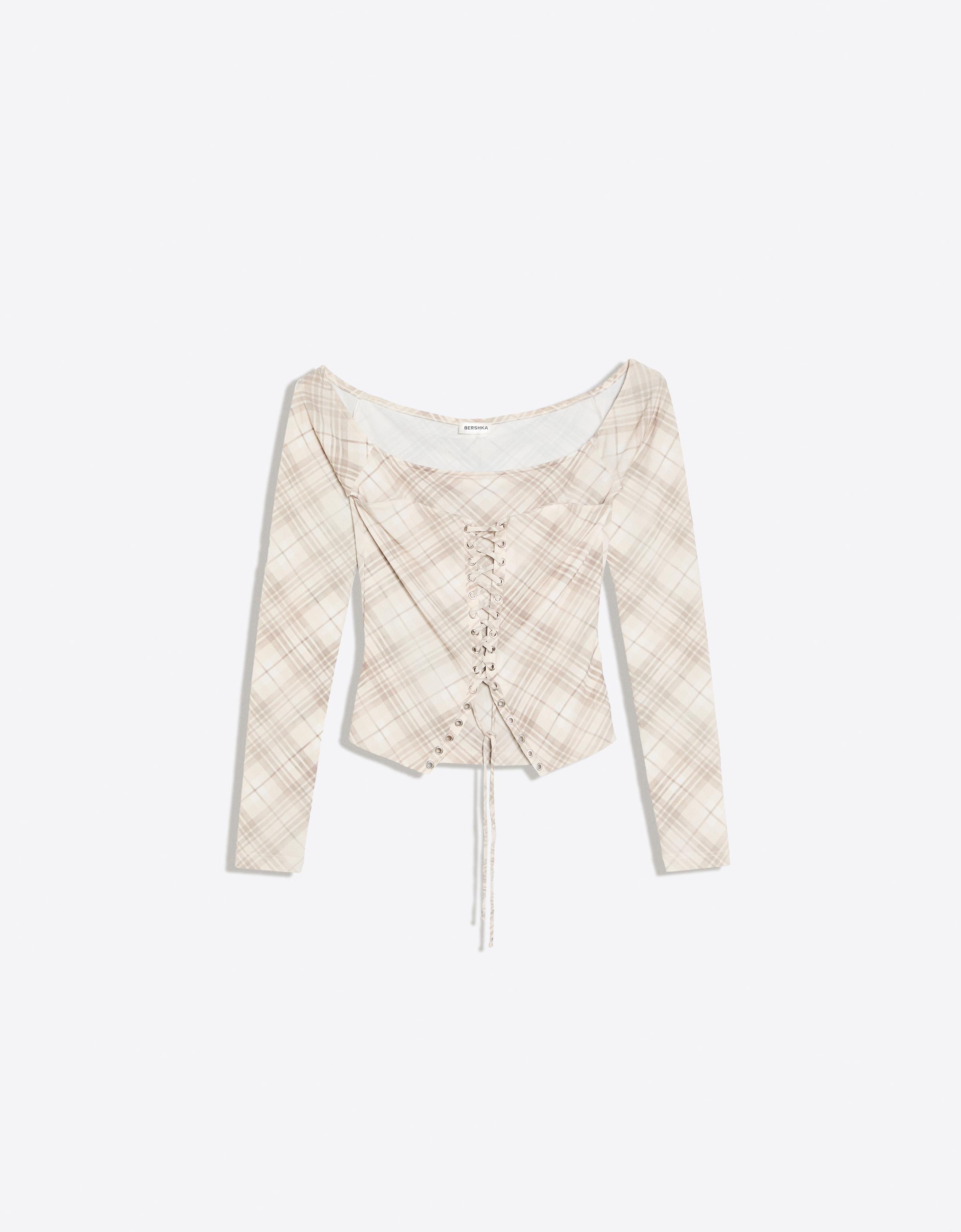 Long sleeve corset lace-up T-shirt — Beige