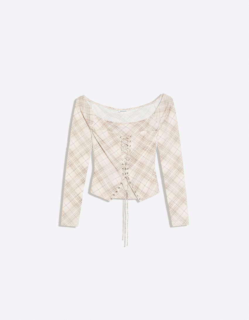 Camiseta de manga larga cierre cordones corsé-Beige