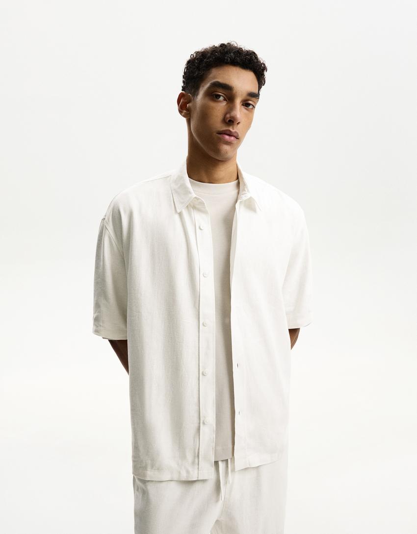 Camisa manga corta con lino-Blanco