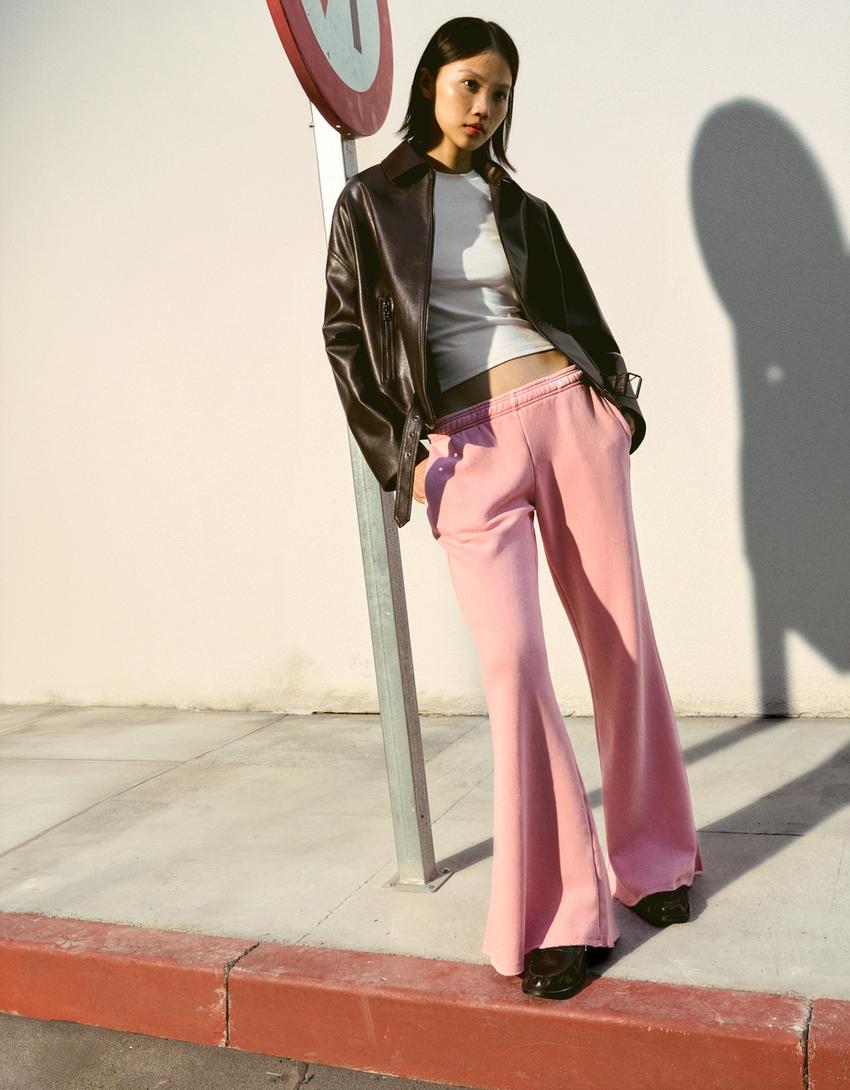 Pantalón flare felpa bajo deshilachado-Rosa