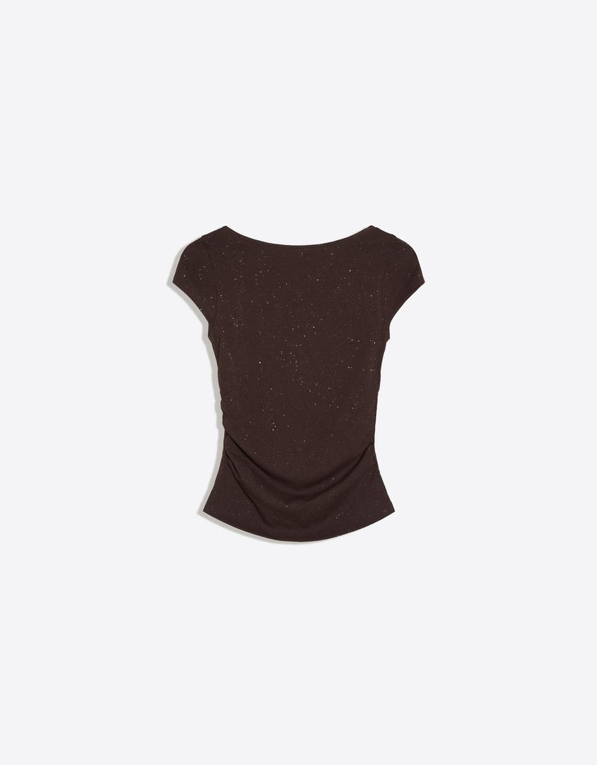 Boat neck T-shirt with knot back-Brown