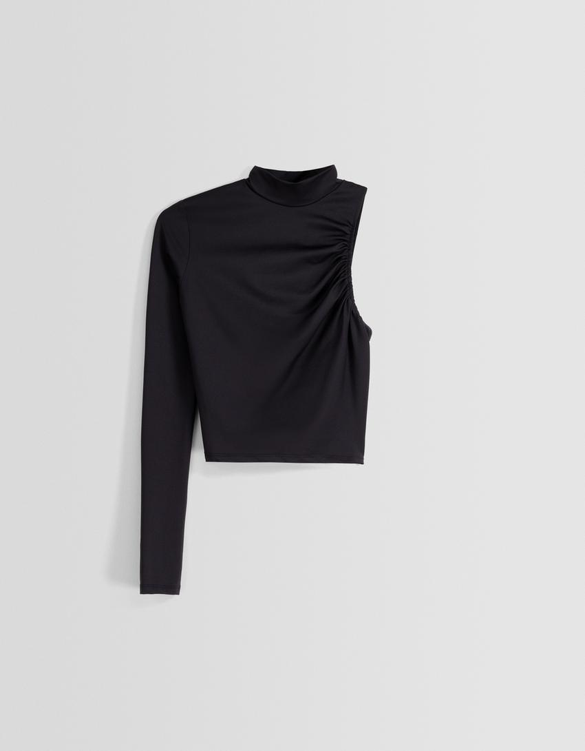 تيشرت بزمة غير متماثل وبأكمام طويلة-أسود-4