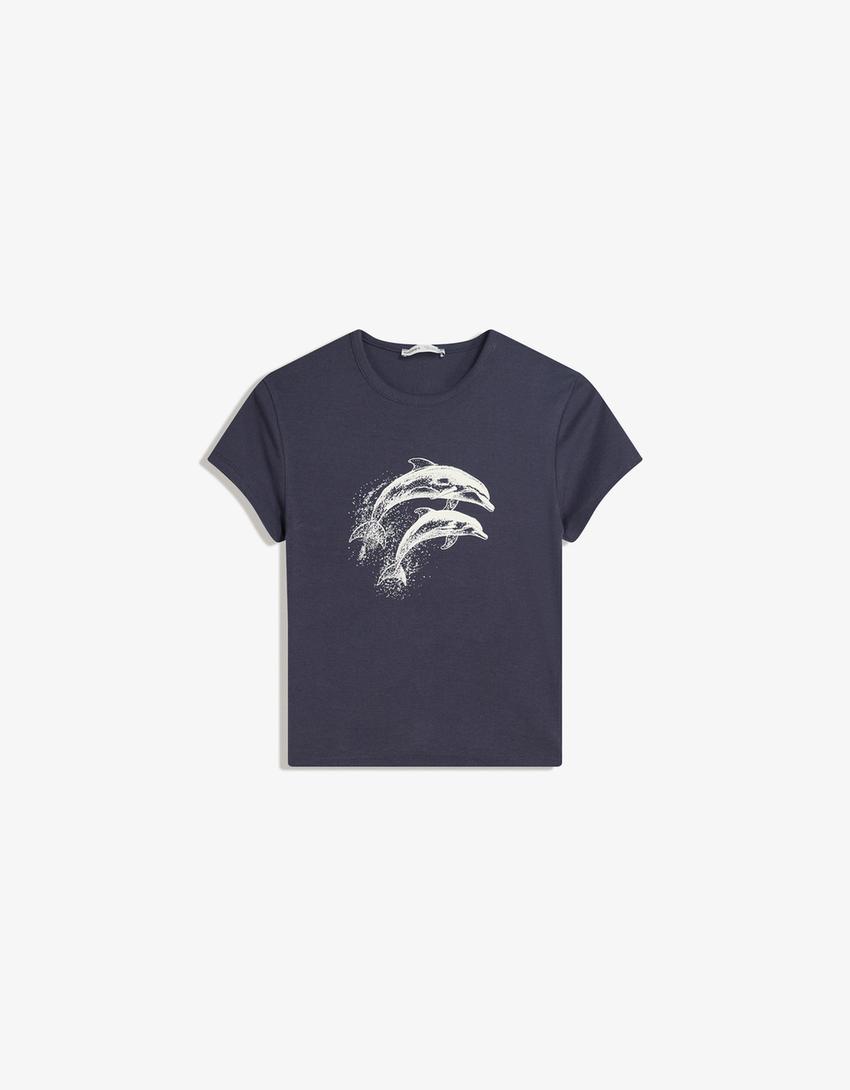 T-shirt manches courtes imprimé-Bleu foncé